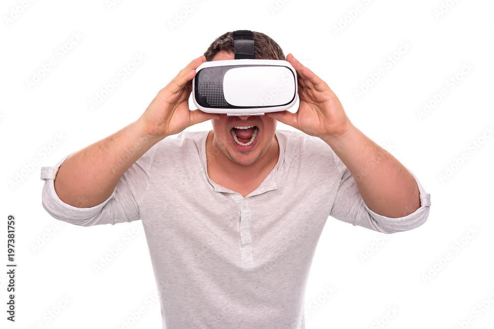 Man in glasses or helmet of virtual reality on a white. Man in glasses or helmet of virtual reality on a white.