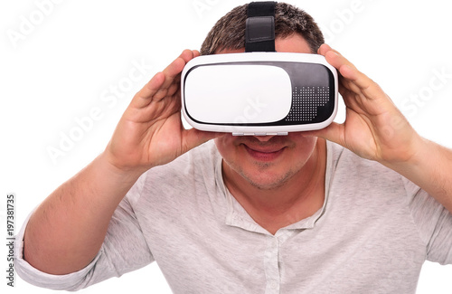 Man in glasses or helmet of virtual reality on a white.
