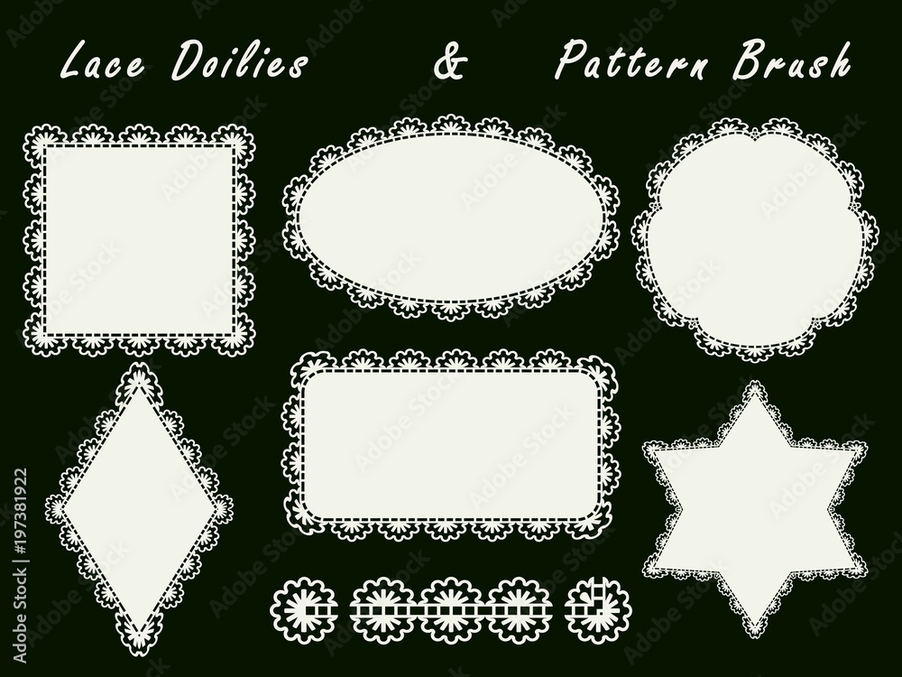 Set of openwork napkins of various shapes and pattern brush for the rim. Lace white elements for design isolated on a dark background. Set of openwork napkins of various shapes and pattern brush for the rim. Lace white elements for design isolated on a dark background.