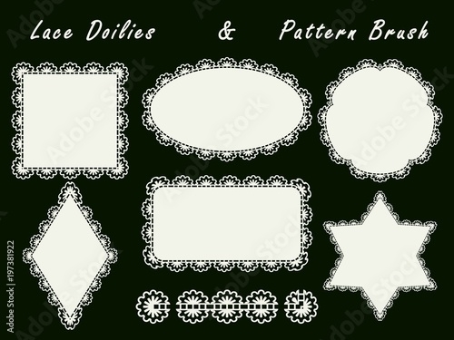 Set of openwork napkins of various shapes and pattern brush for the rim. Lace white elements for design isolated on a dark background.