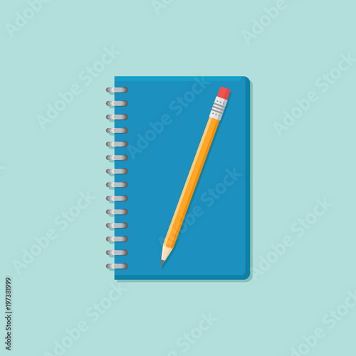 Closed notebook with pencil isolated on background. Flat style icon. Vector illustration.