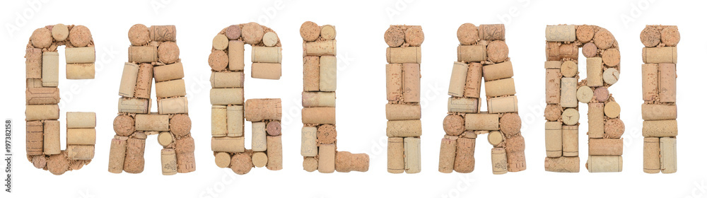 Word Cagliari made of wine corks Isolated on white background