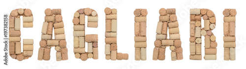 Word Cagliari made of wine corks Isolated on white background
