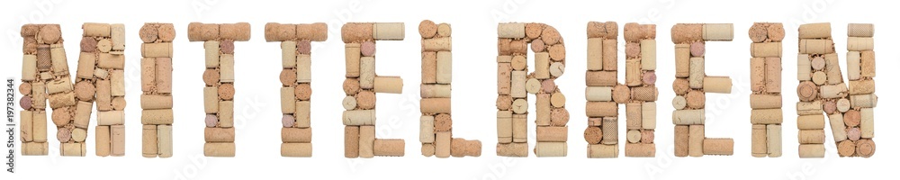 Wine region of Germany Mittelrhein made from wine corks Isolated on white background