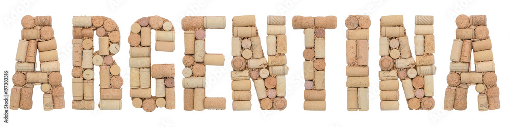 Word ARGENTINA made of wine corks Isolated on white background