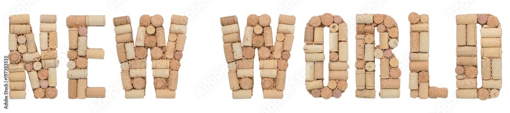 New World made of wine corks Isolated on white background
