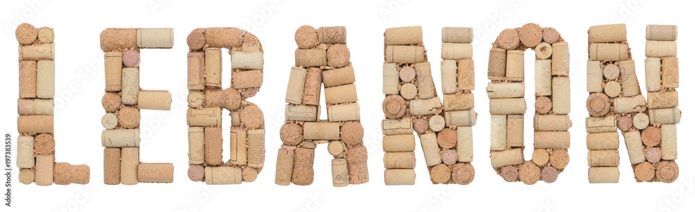 Word Lebanon made of wine corks Isolated on white background