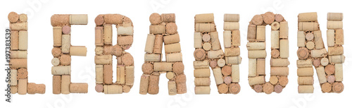 Word Lebanon made of wine corks Isolated on white background