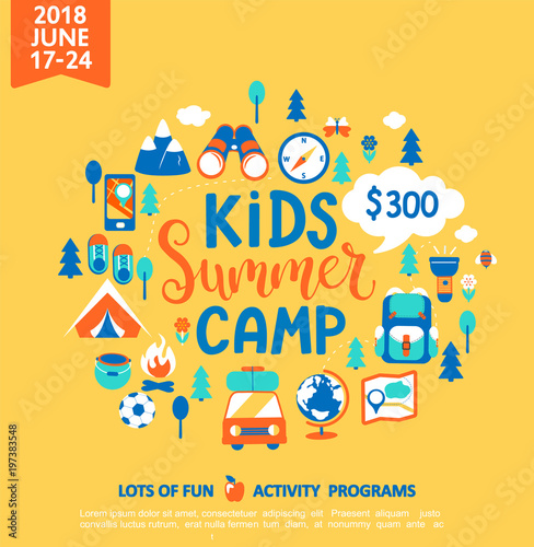Kids Summer camp concept with handdrawn lettering, Camping and Travelling on holiday with a lot of camping equipment such as tent, backpack and others. Poster in flat style, vector illustration.