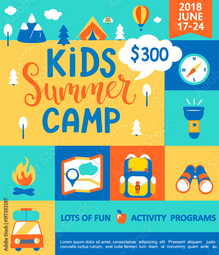 Poster for the Kids Summer camp, concept with handdrawn lettering,Camping and Travelling on holiday with a lot of camping equipment such as tent, backpack and others in flat style,vector illustration.
