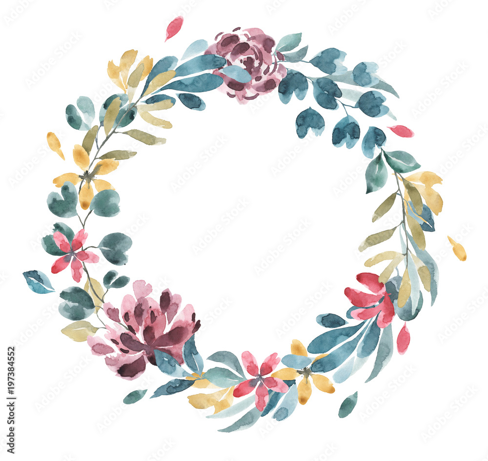 Blossoms collection. Watercolor flower and floral wreath #1