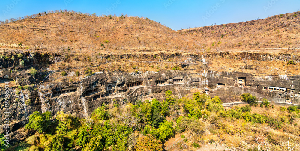 Panorama of the Ajanta Caves. UNESCO world heritage site in Maharashtra, India