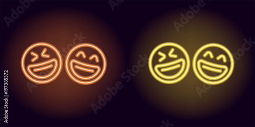 Orange and yellow neon laughing emoji, fool day