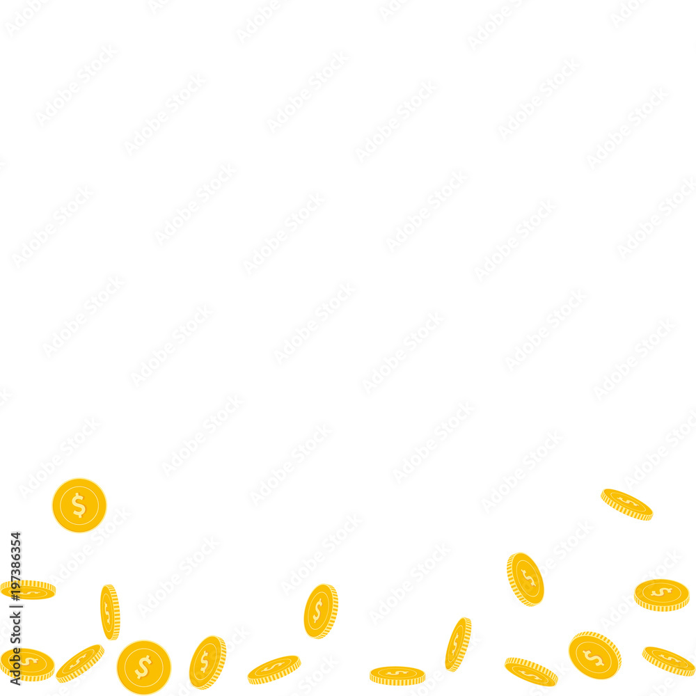 American dollar coins falling. Scattered sparse USD coins on white background. Sightly abstract bottom vector illustration. Jackpot or success concept.
