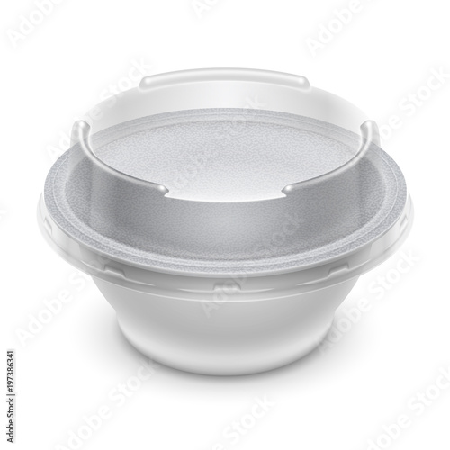 Perspective view of round container with foil and transparent lid. Vector packaging mockup illustration.