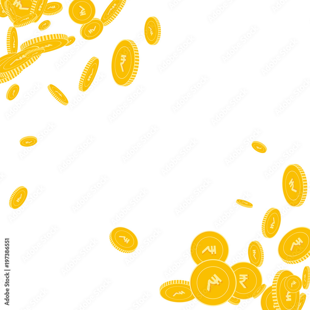 Indian rupee coins falling. Scattered floating INR coins on white background. Impressive scatter abstract corners vector illustration. Jackpot or success concept.