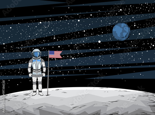 Astronaut with flag after on lunar surface with spacecraft on background