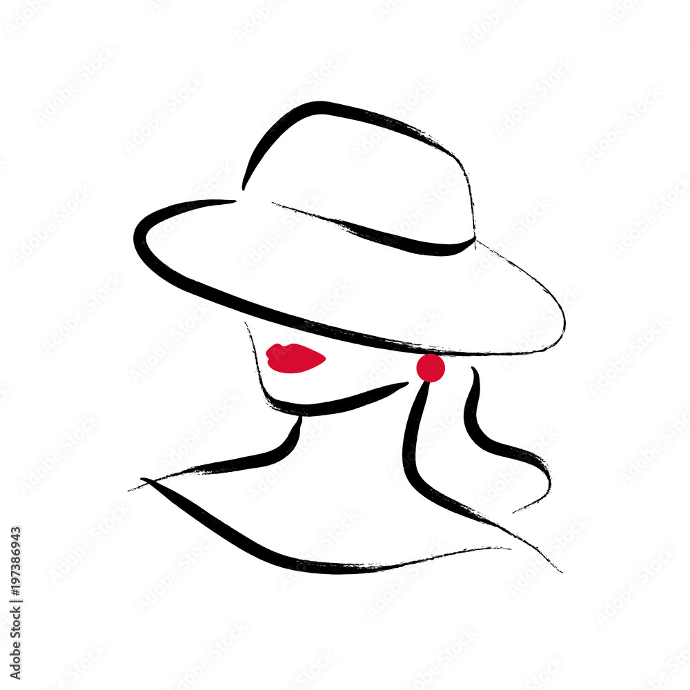 Vector Artistic Hand Drawn Stylish Young Lady Portrait Isolated On White Background Fashion 