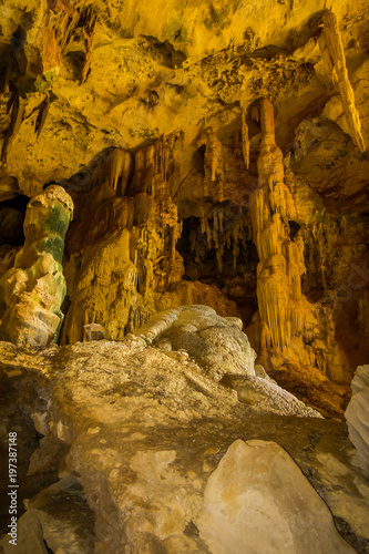 Beautiful indoor view of ancient cave Khao khanabnam in Krabi province, Thailand