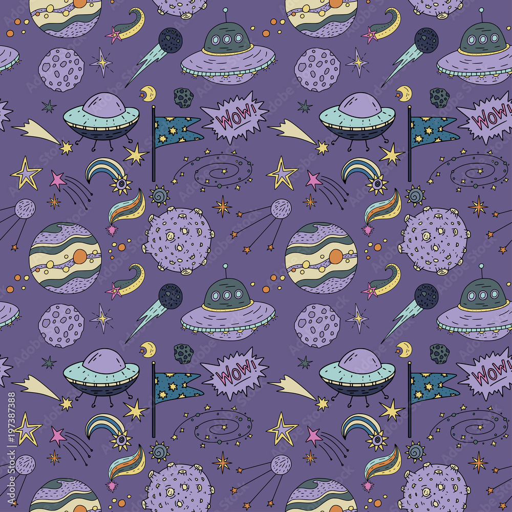 Naklejka premium Seamless pattern with cosmos doodle illustrations.