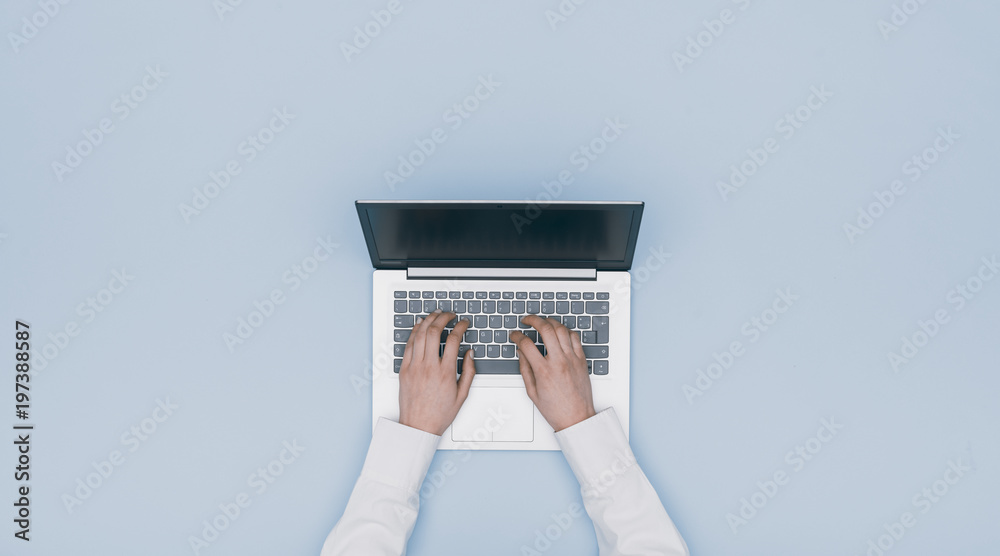 Hands typing on a laptop - obrazy, fototapety, plakaty 
