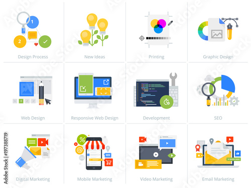 Set of flat design style concept icons isolated on white. Vector illustrations for web design and development, SEO, responsive web design, graphic design and creative process, internet marketing.