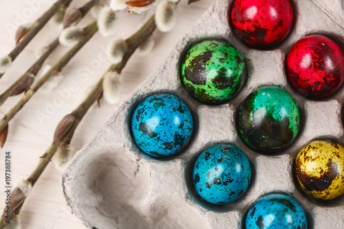 colored quail eggs for Easter in a box with willow branches