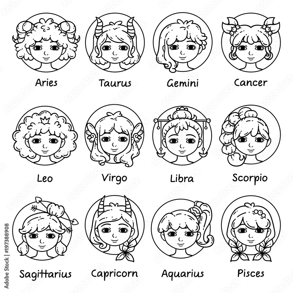 Set of horoscope signs as women. Zodiac for girls. Vector illustration of astrological signs