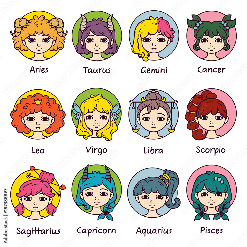 Set of horoscope signs as women. Zodiac for girls. Vector illustration of astrological signs. Girls with opened eyes. Set of horoscope signs as women. Zodiac for girls. Vector illustration of astrological signs. Girls with opened eyes.