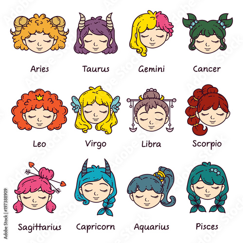 Set of horoscope signs as women. Zodiac for girls. Vector illustration of astrological signs. Girls with closed eyes.