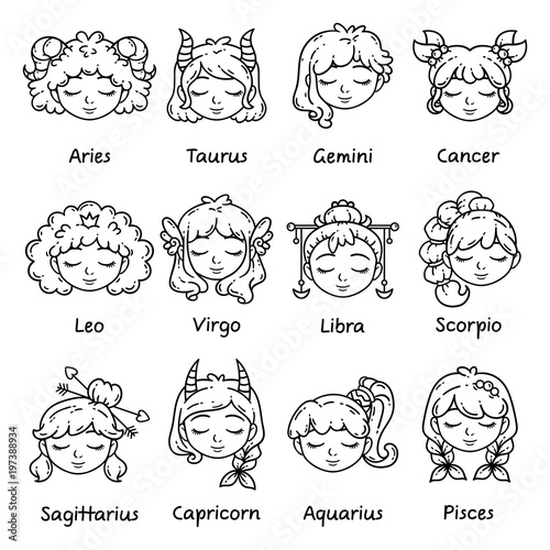 Set of horoscope signs as women. Zodiac for girls. Vector illustration of astrological signs. Girls with closed eyes. Black and white illustration. Outline illustration for coloring pages.