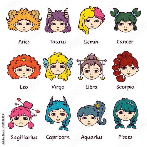 Set of horoscope signs as women. Zodiac for girls. Vector illustration of astrological signs. Girls with opened eyes.