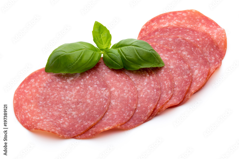Salami slices isolated on white background. Salami slices isolated on white background.