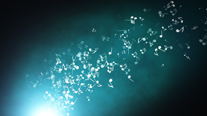 Floating musical notes on an abstract blue background with flares 3d illustration