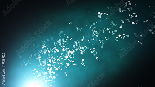 Floating musical notes on an abstract blue background with flares 3d illustration