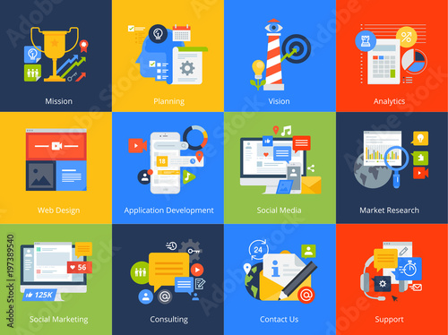 Flat design concept icons. Vector illustrations for business, management, consulting, communication, marketing, market research, app and web development, social media.