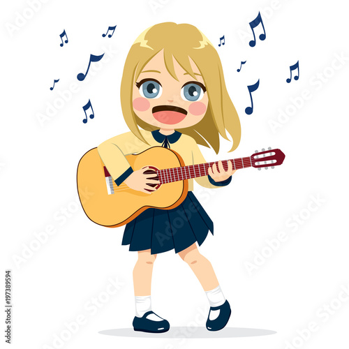 Cute little girl playing guitar instrument with happy face expression in school uniform