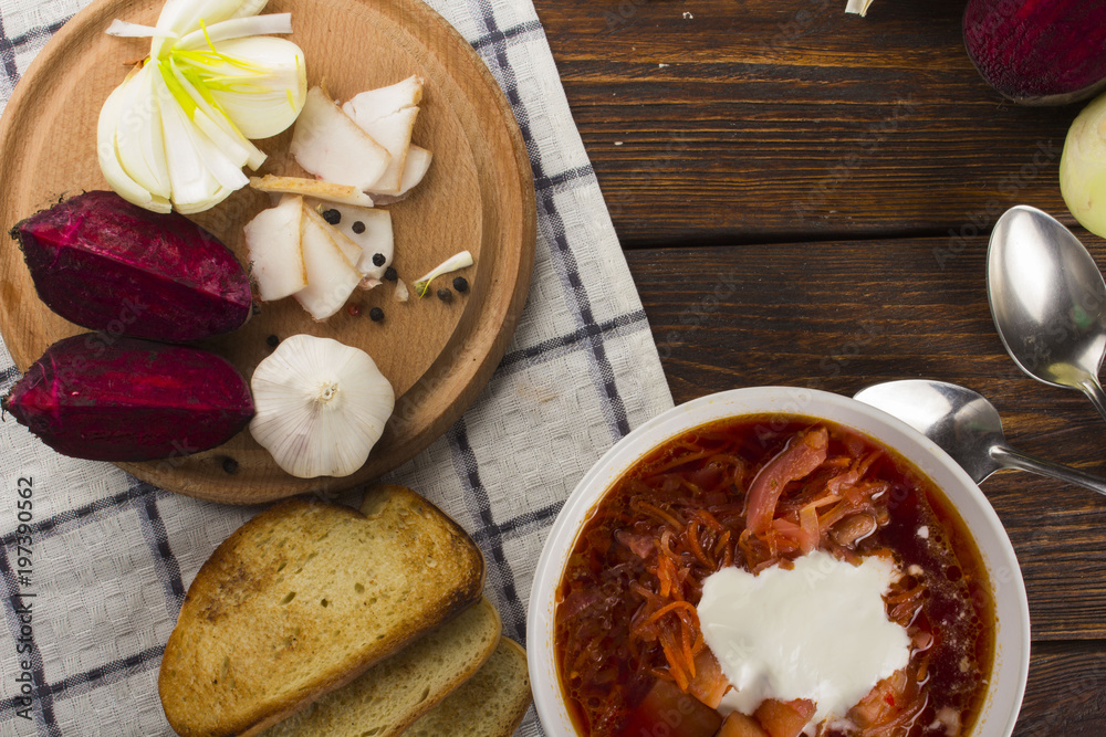 plate with a winter soup-borscht