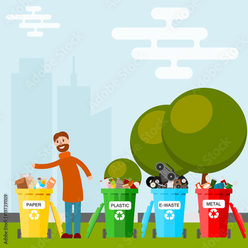 Waste recycling vector garbage process factory truck brought processing industry processed manufacturing production illustration.