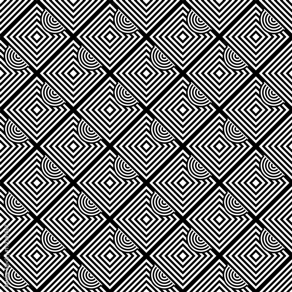 Seamless black and white striped background. Geometric pattern with visual distortion effect. Optical illusion. Op art.