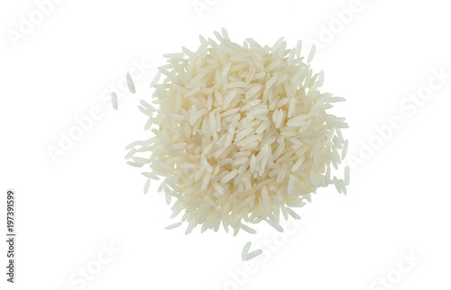Handful of jasmine rice isolated on white background. One of the varieties of rice.