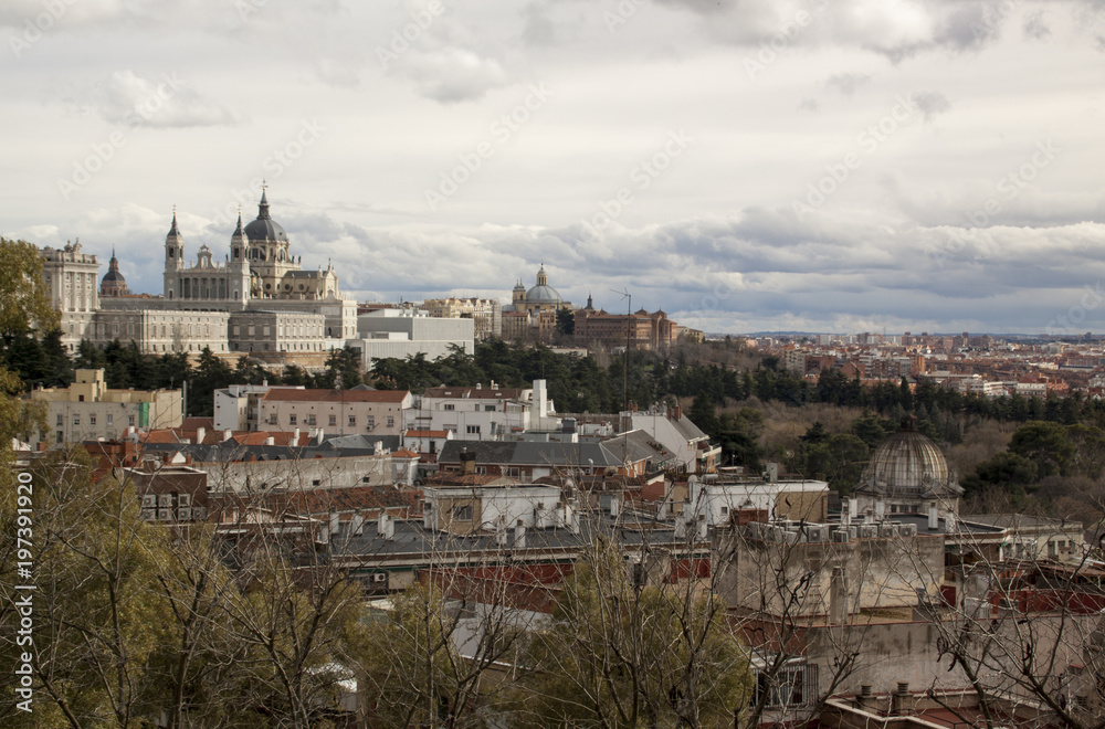 Panoramic view of the Almudena Cathedral, Royal Palace in Madrid. Spain