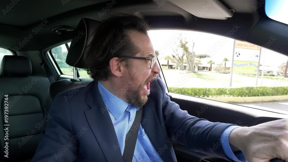 Funny business man singing while driving car super slow motion Funny business man singing while driving car super slow motion