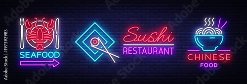 Collection neon signs Food. Set Logos in neon style Sushi, Seafood, Lobster, Chinese food, light emblem, night neon advertising for restaurant, snack bar, cafe, bar, dining room. Vector illustration