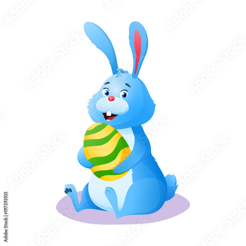 Flat happy easter Bunny. Cute smiling cartoon Easter rabbit sitting with paschal painted chocolate egg isolated on white background. Decoration for holiday greeting card. Colorful vector illustration.
