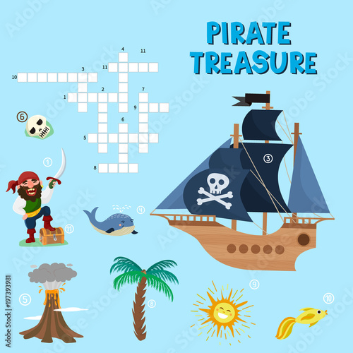 Pirate puzzle vector treasure adventure crossword puzzle maze education game for children about pirates find map sea labyrinth illustration