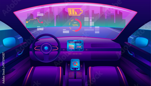 Inside view on futuristic self-driving car salon