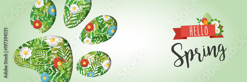 Hello Spring animal paw paper cutout web banner