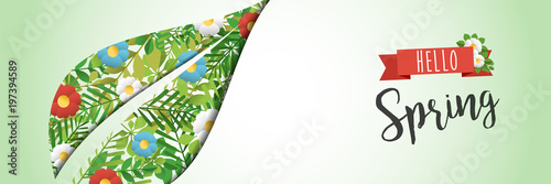 Hello Spring green leaf paper cutout web banner
