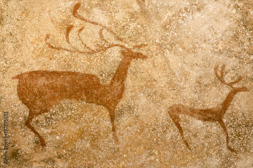 image of the ancient deer on the wall of the cave. ancient art. the science. archeology.